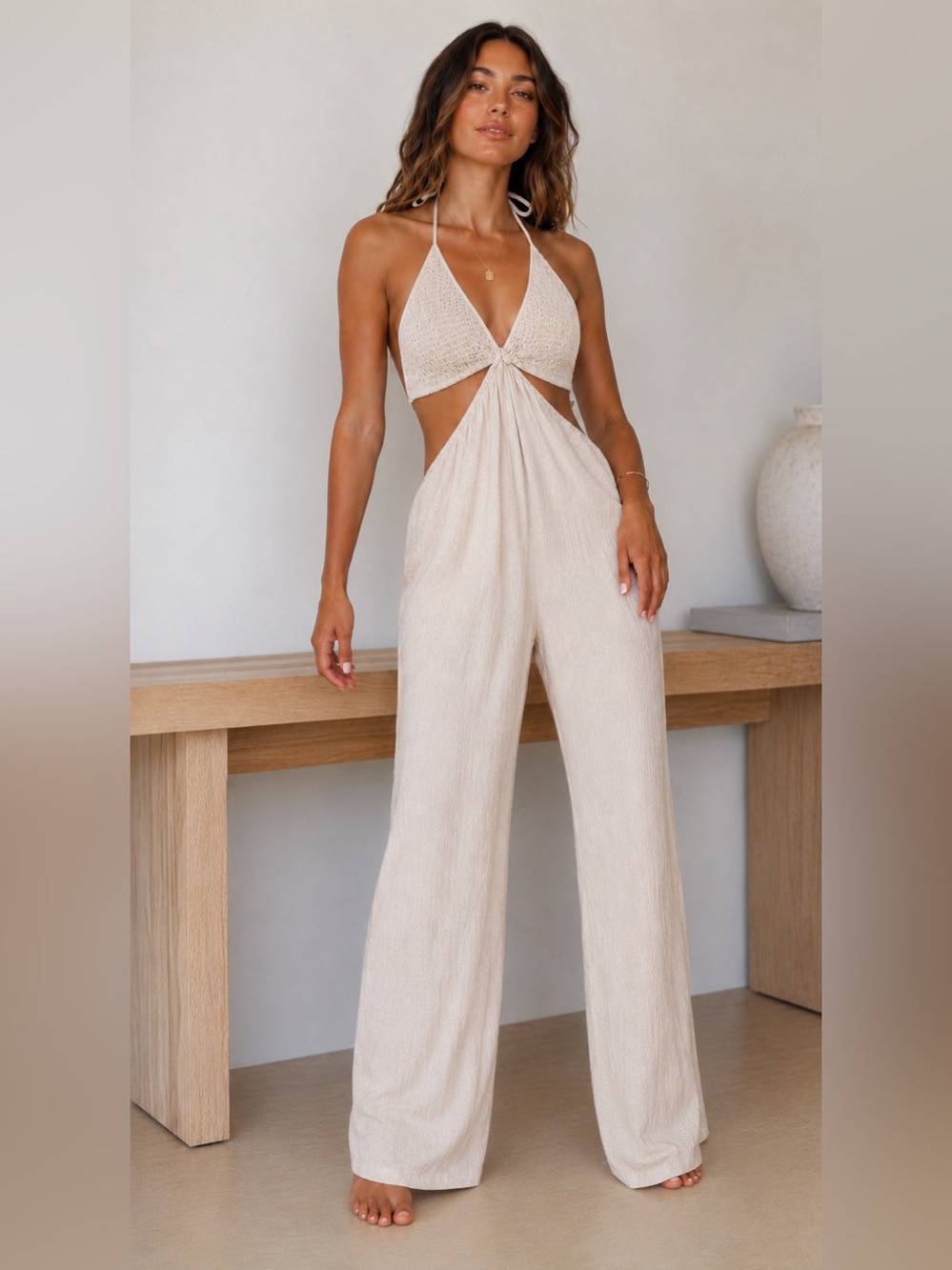 Style Rack Beige Boho Cutout‎ Halter Jumpsuit Smocked Beach Cover Up S